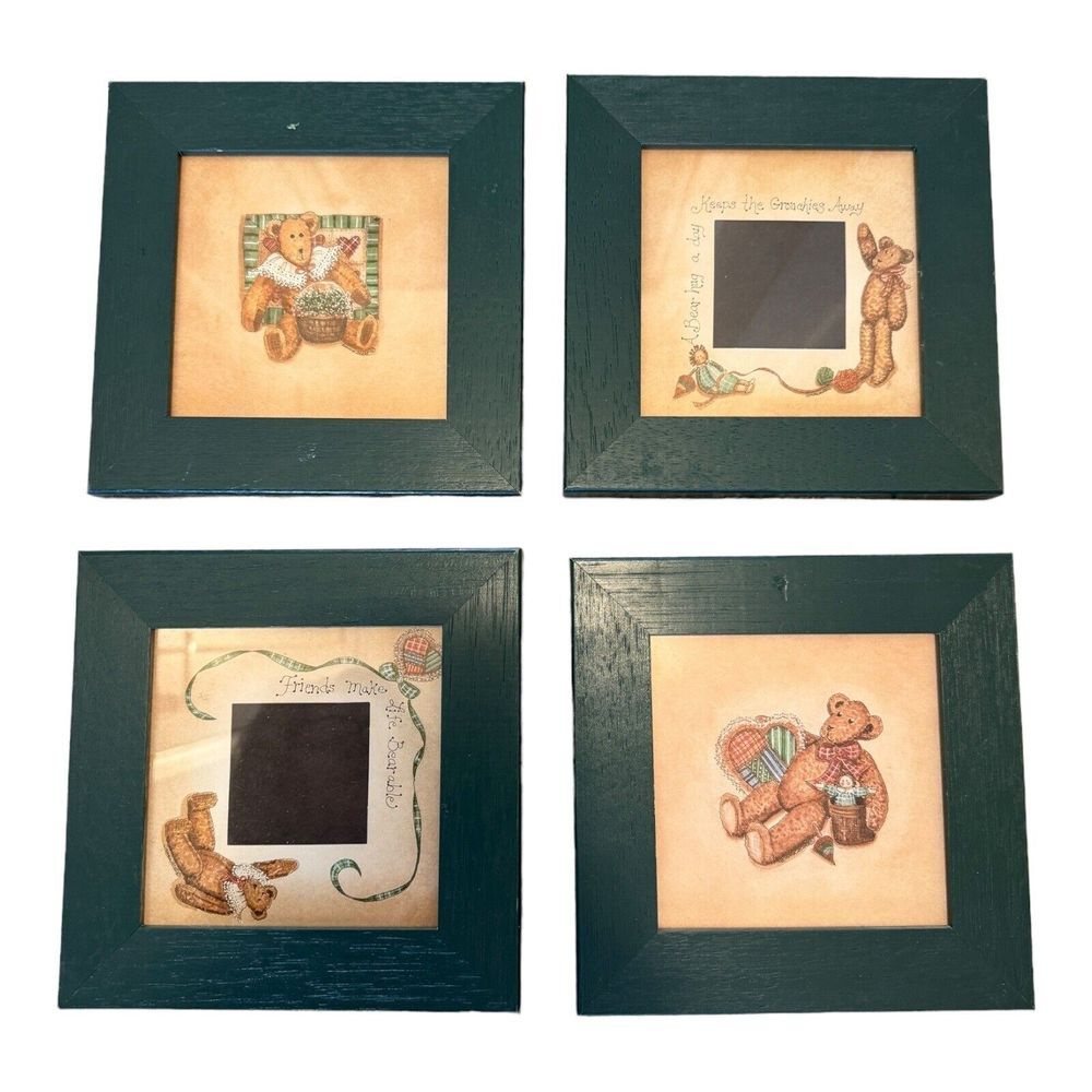 Framed Vintage Teddy‎ Bear Pictures Set of 4 Hunter Green Wood Frame with Glass